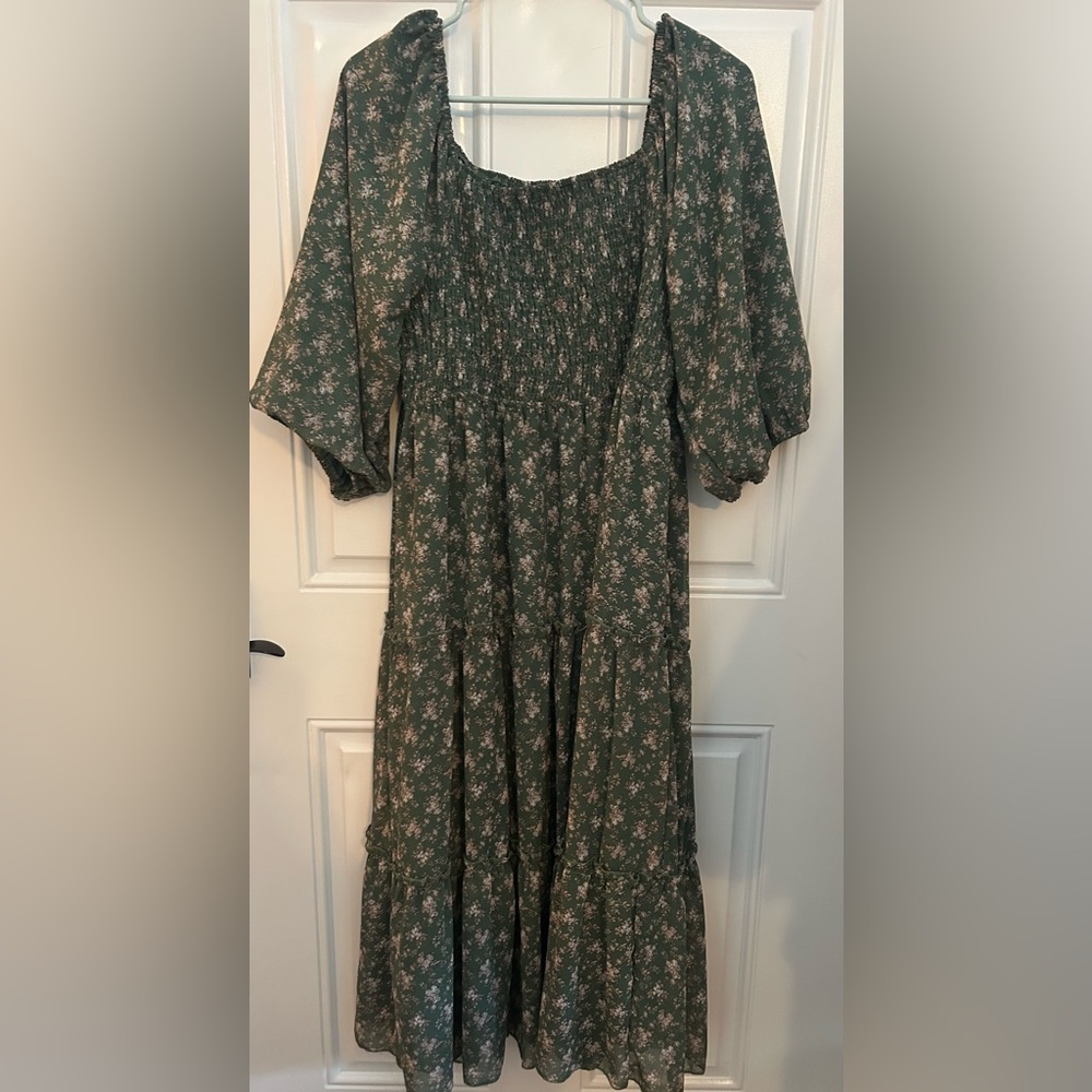 Mikarose Floral Green Tiered Prairie MidiDress